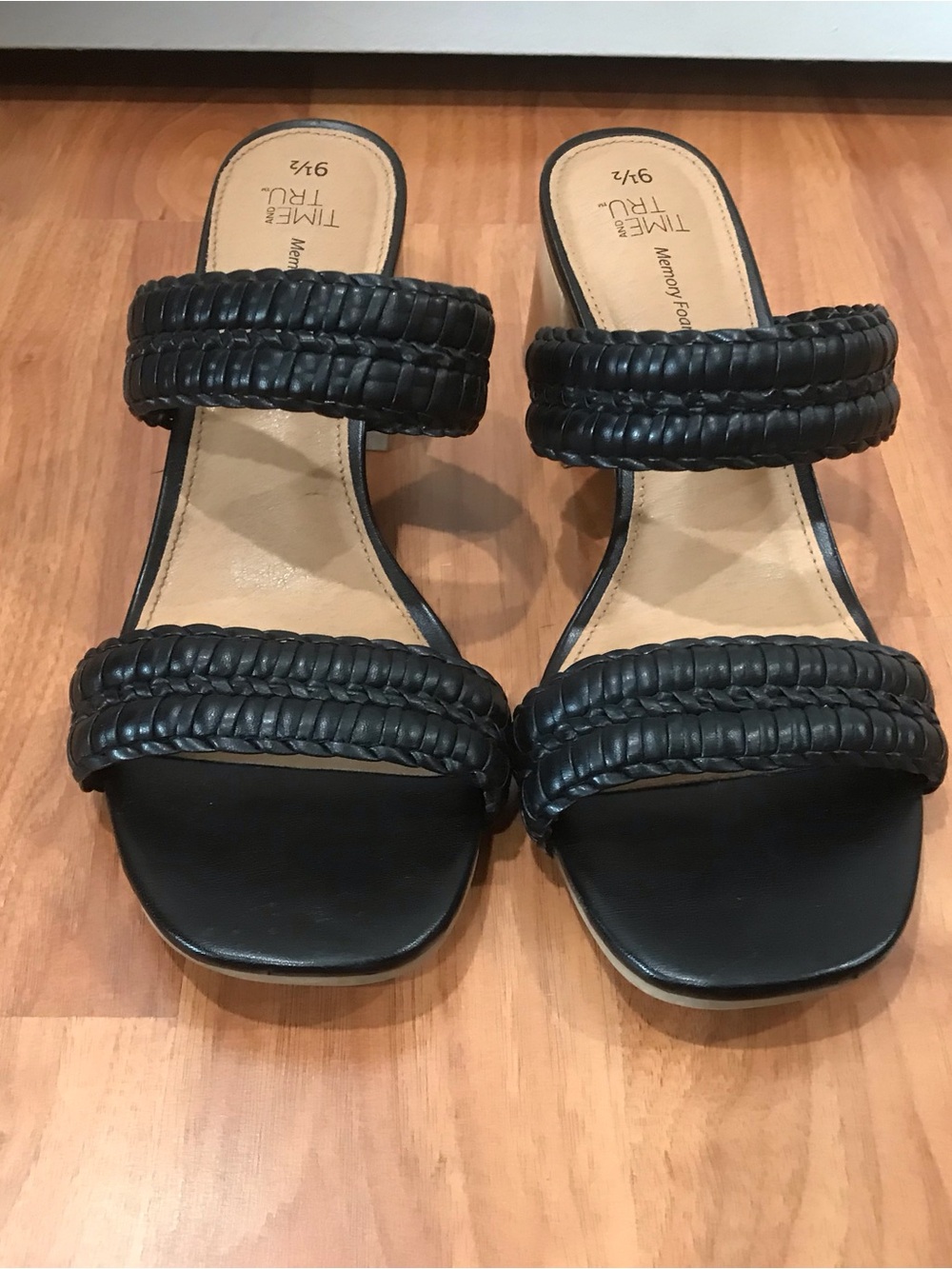 Time and Tru Black Braided Double-Strap Slide Sandals